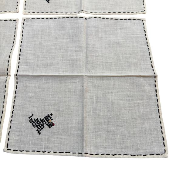 Cocktail napkins (4) YELLOW cotton hand embroidery black Scottish Terriers - Picture 3 of 10